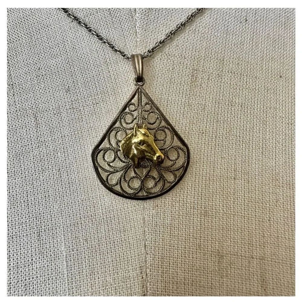silver and gold tone horse teardrop pendant necklace
